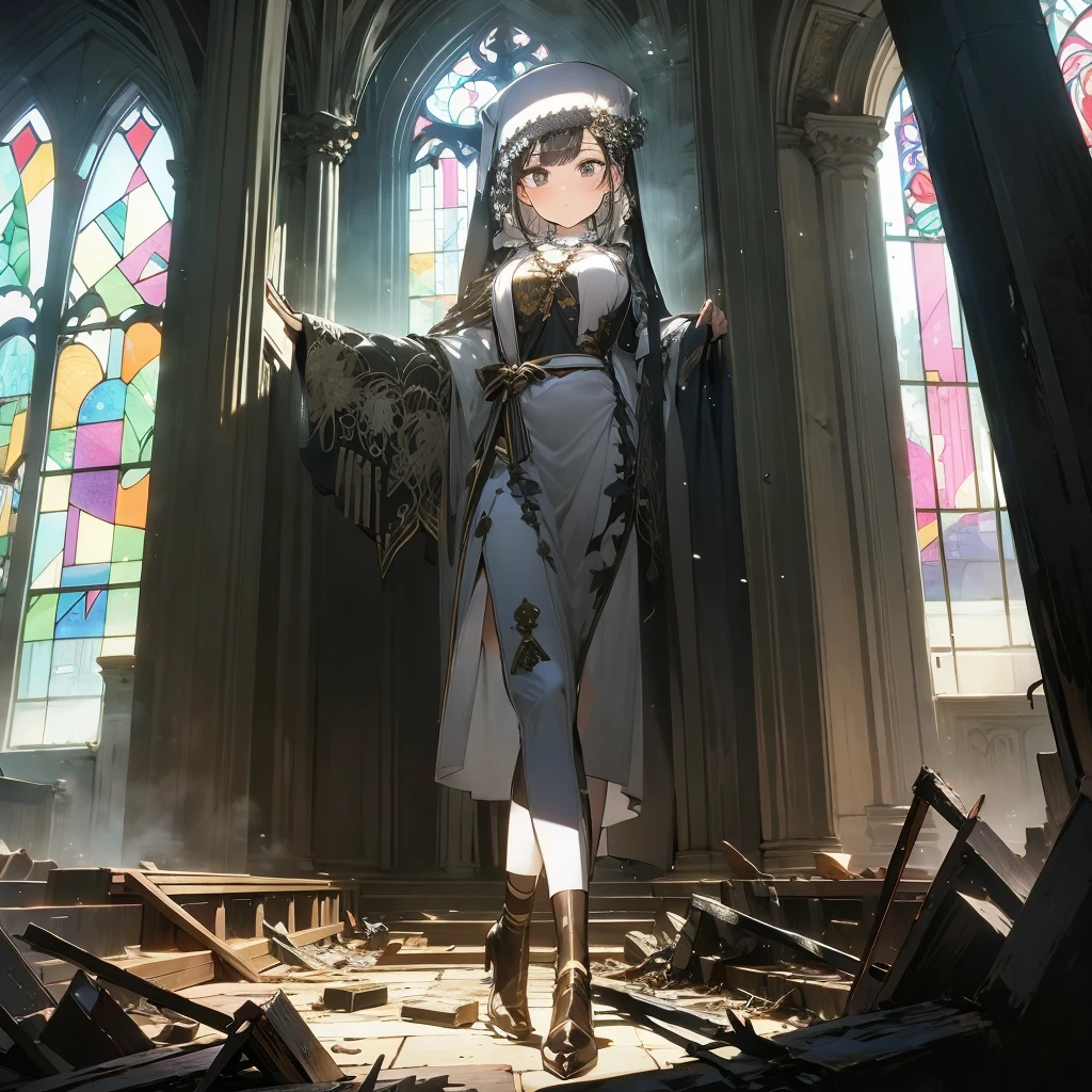 (solo), 1 skinny nun, sheer black nun's robe, large breasts, BREAK, black short hair, long sidelocks, black eyes, BREAK, short torso, skinny waist, skinny long legs, BREAK, old rotten church, devastated ruin, stained glass