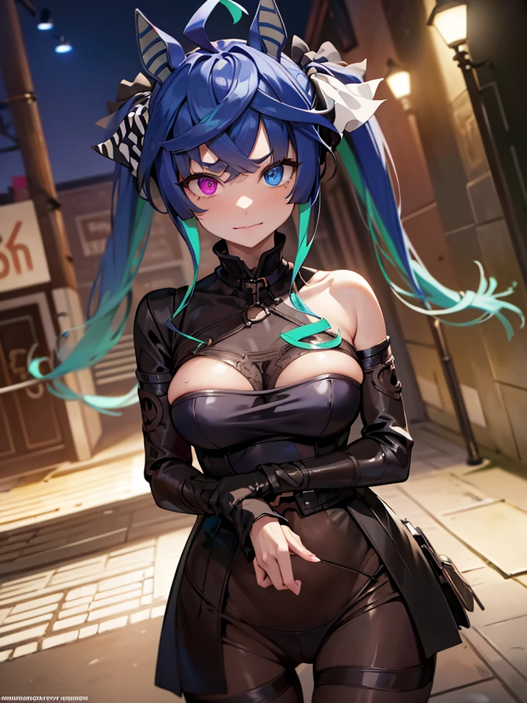 (Masterpiece, best quality, high res、highly detailed cg: 1), ‘Looking for a hooker?’ and a prostitute invites a man to join her. The scene is dominated by a prostitute touting on a quiet, deserted street at night. She is flirtatious with an upward glance. Twin_Turbo_Umamusume, aqua hair, twintails, heterochromia, purple eyes, blue eyes, sharp teeth, ((nsfw)), short stature
