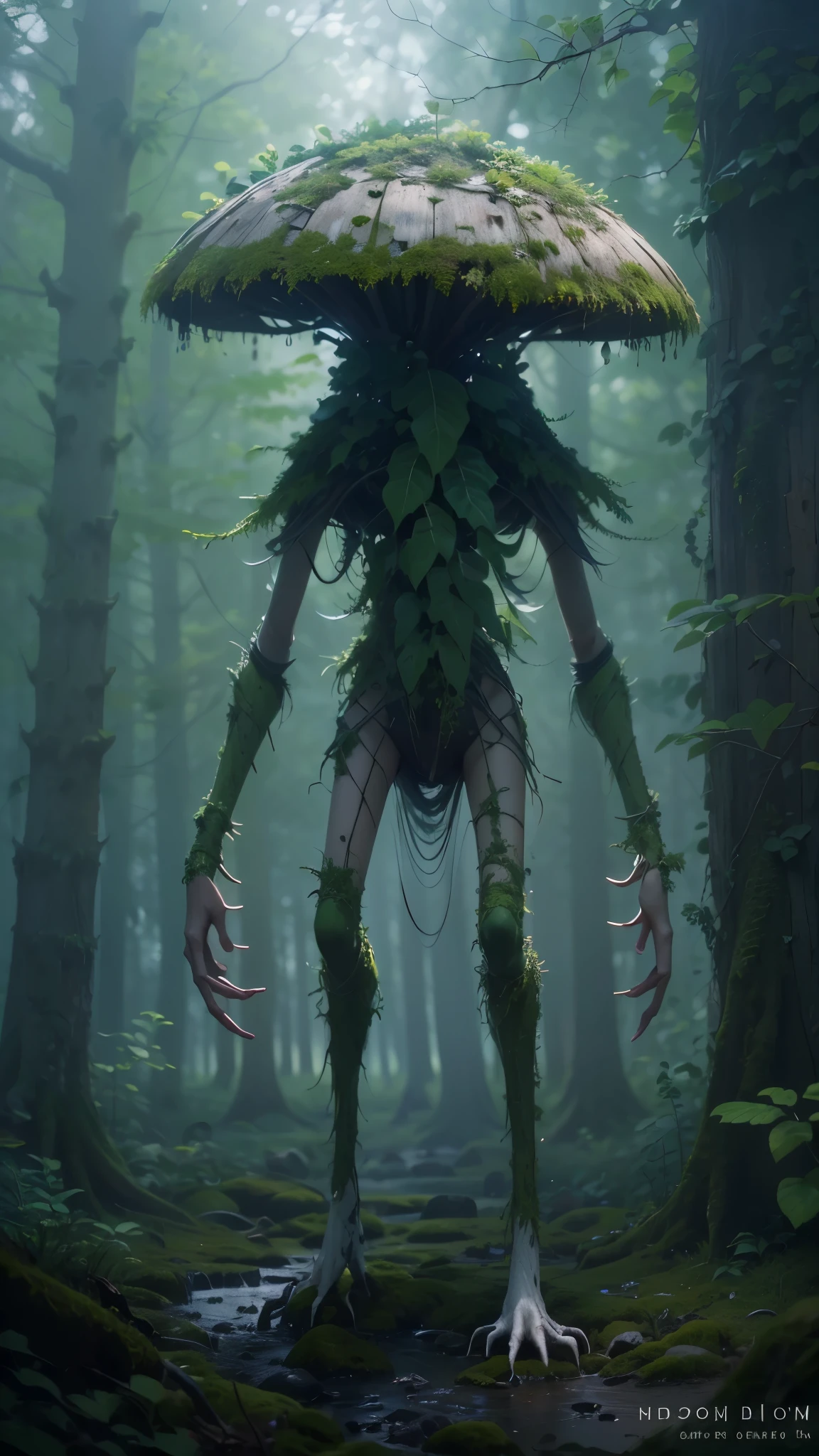 a fearsome mushroom-headed creature, long skinny limbs, exposed teeth, no eyes or nose, using dark green magic, standing in a gloomy, foggy forest, (best quality,4k,8k,highres,masterpiece:1.2),ultra-detailed,(realistic,photorealistic,photo-realistic:1.37),highly detailed, hyper-realistic, dynamic pose, dramatic lighting, cinematic composition
