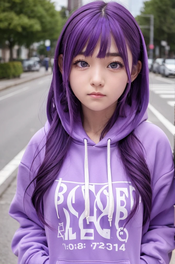 Girl, purple hair, purple eyes, hoodie, embarrassed face