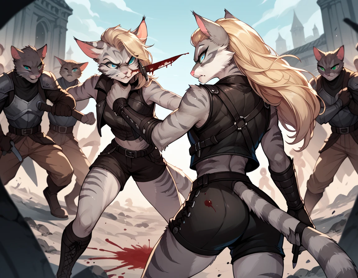score_9,score_8_up,score_7_up, score_6_up, score_5_up, source_anime, flat colors, no shading, Kat, Anthro furry feline, silver fur, grey stripes on body, blue eyes, long blonde hair, undercut hair, one side of hair shaved, pink nose, :3, wearing black leather armor vest, black cuirass, black short shorts, holding a blood covered knife, face covered in blood, furrowed eyebrows, expressionless, soulless eyes, (bloody face):2, blood_covered, blood on clothes, outdoors, nighttime, several dead bodies on the ground, rear view