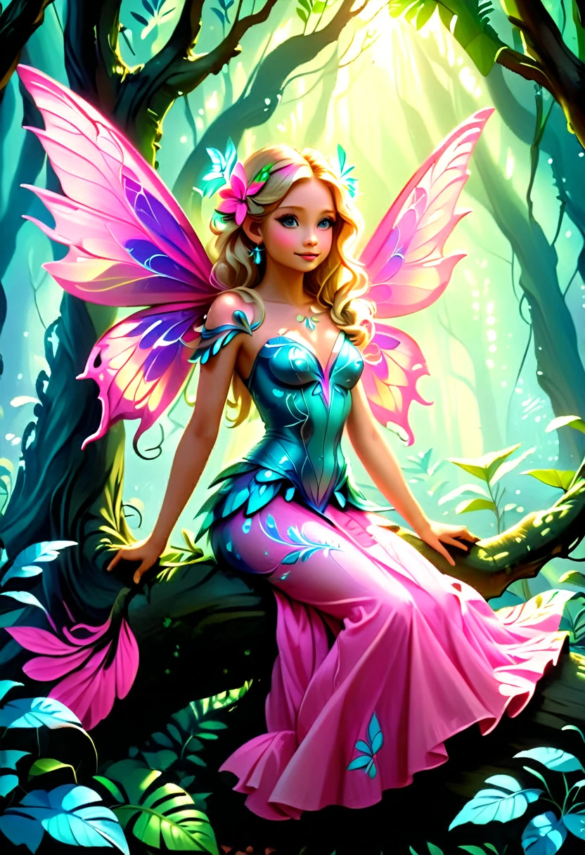 a picture of a jungle fairy, an extraordinary beautiful, elegant beauty, divine beautiful fairy, ((anatomically correct: 1.5)) spread butterfly wings, colorful wings, pink eyes, glowing eyes, ultra detailed face, best detailed face,  blond hair, rich hair, wavy hair, glamour dress, wild dress, dress decorated with jungle flowers,  sitting on massive heliconia tree the rain forest, sun rays coming through the trees, Hyperrealism style, vibrant, Ultra-high resolution, High Contrast, (masterpiece:1.5), highest quality, Best aesthetics), best details, best quality, highres, ultra wide angle, 16k, [ultra detailed], masterpiece, best quality, (extremely detailed) RAW, Cinematic Hollywood Film style, FairyTaleAI, fairy wings,