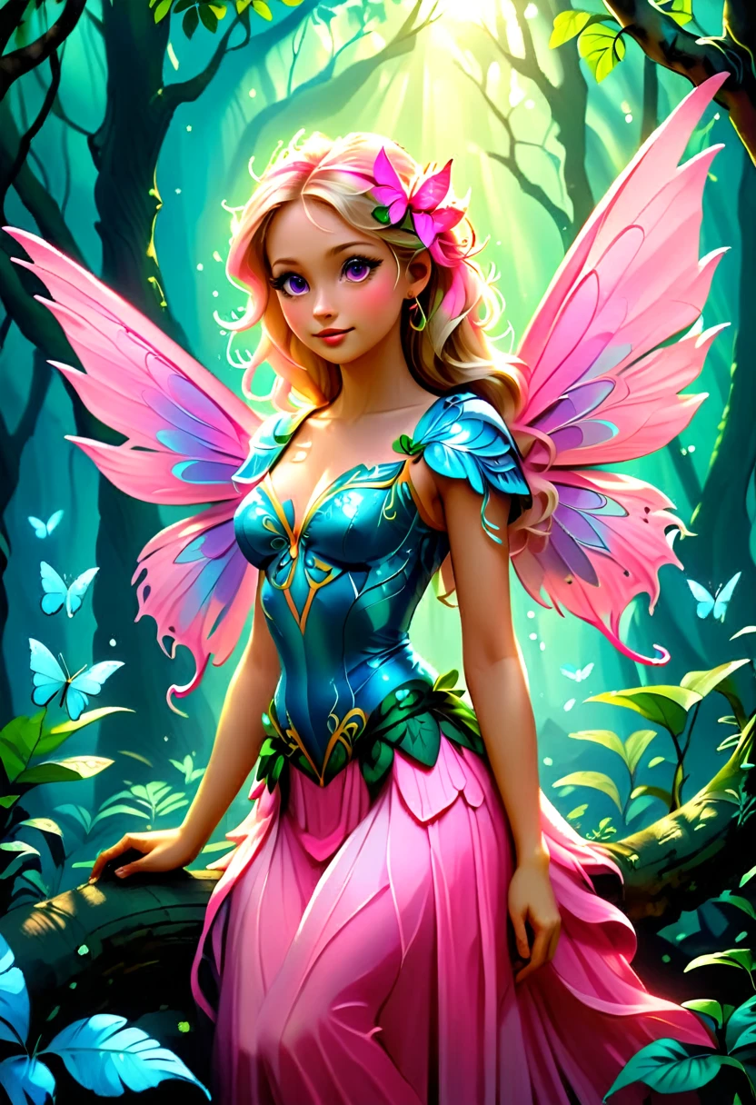 a picture of a jungle fairy, an extraordinary beautiful, elegant beauty, divine beautiful fairy, ((anatomically correct: 1.5)) spread butterfly wings, colorful wings, pink eyes, glowing eyes, ultra detailed face, best detailed face,  blond hair, rich hair, wavy hair, glamour dress, wild dress, dress decorated with jungle flowers,  sitting on massive heliconia tree the rain forest, sun rays coming through the trees, Hyperrealism style, vibrant, Ultra-high resolution, High Contrast, (masterpiece:1.5), highest quality, Best aesthetics), best details, best quality, highres, ultra wide angle, 16k, [ultra detailed], masterpiece, best quality, (extremely detailed) RAW, Cinematic Hollywood Film style, FairyTaleAI, fairy wings,