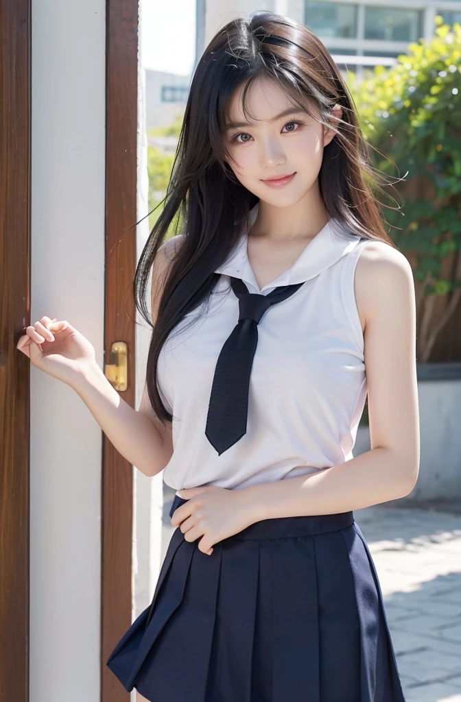  ,Beautiful Chinese girl,Huge breasts, Smile, Black Hair, Bangs, The smallest skull, Model length arm, Model long legs, Model Height, Nose up, cheer up, Expose your chin, Large body size compared to head, short waist, , ((((School uniform only)))), Explorers, seaside, (((Hair to shoulders)))