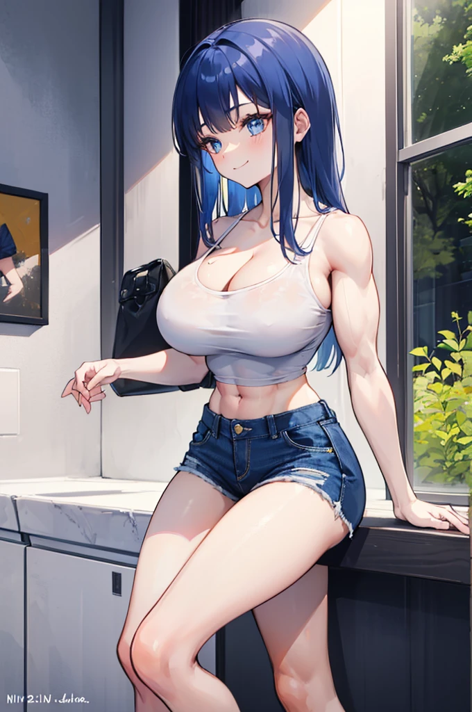 1girl, solo, (blue hair, blue eyes, long hair, bangs:1.0), (huge breasts, muscular shoulders, muscular arms, narrow waist, petite:1.1), (white shirt, cleavage, bare shoulders, bare arms, bare legs, denim shorts, midriff peek:1.0), light smile, indoors,