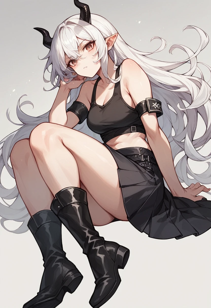 Anime best quality White girl, LONG white hair, black tank top, Black Skirt, black high boots, black armbands , small black horns