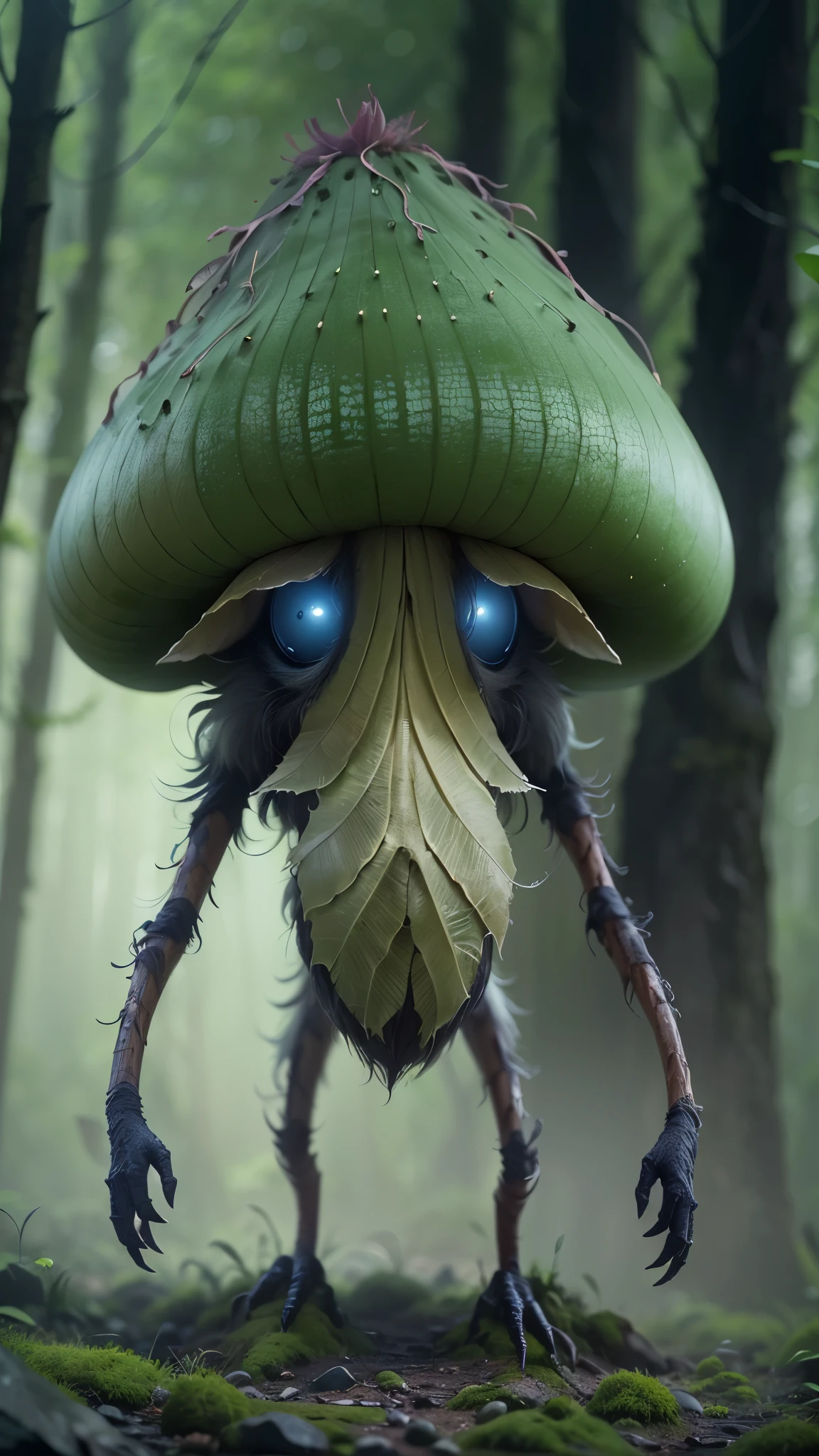 a fearsome mushroom-headed creature, long skinny limbs, exposed teeth, no eyes or nose, using dark green magic, standing in a gloomy, foggy forest, (best quality,4k,8k,highres,masterpiece:1.2),ultra-detailed,(realistic,photorealistic,photo-realistic:1.37),highly detailed, hyper-realistic, dynamic pose, dramatic lighting, cinematic composition