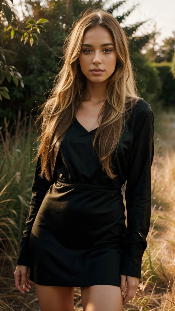 A female model approximately 25 years old with long hair, straight and blonde, light skin and brown eyes, posing in a natural setting during sunset with golden light. The model is wearing a black summer dress, elegant and simple, that enhances your figure. The image must be ultra-realistic, paying special attention to the texture of the skin, the natural shine of the eyes, and hair movement. The model&#39;s expression must convey serenity and confidence, with a light smile. The background must be blurred, with out of focus trees and flowers, highlighting the beauty of the model. The lighting should gently highlight the contours of your face and body. Image quality should mimic that of a high-end DSLR camera, with sharp focus on the model and soft bokeh in the background.