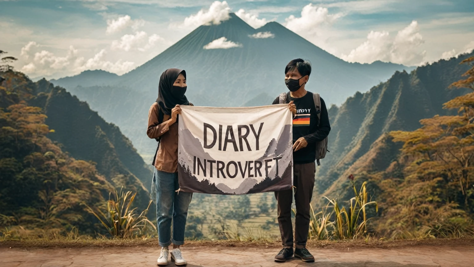 A pair of Indonesian people are seen holding a banner from one end to the other, the banner appears to say "DIARYY INTROVERT", the background is beautiful natural mountains