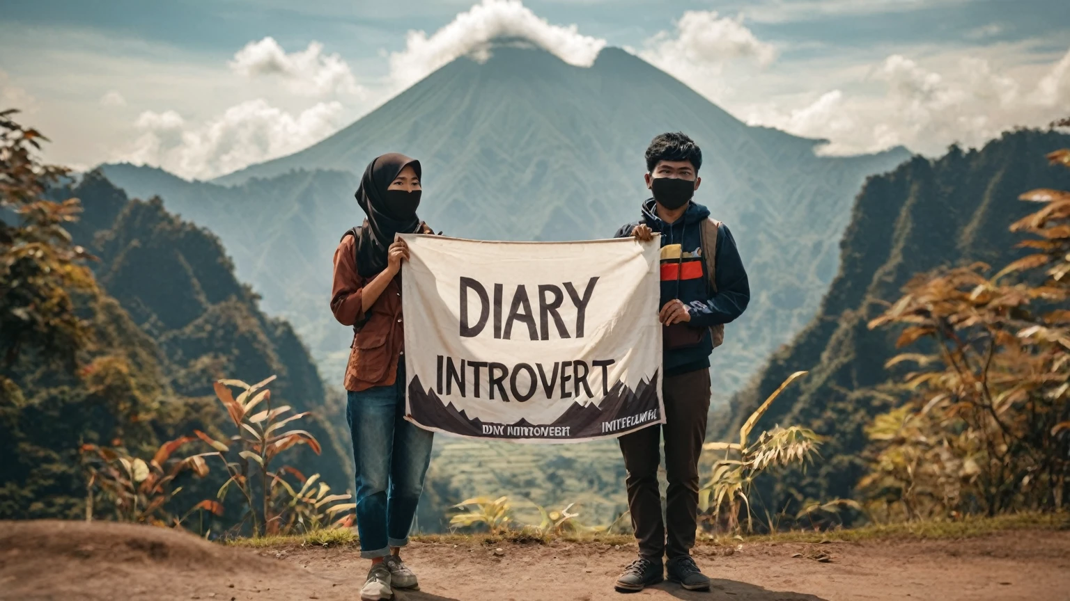 A pair of Indonesian people are seen holding a banner from one end to the other, the banner appears to say "DIARYY INTROVERT", the background is beautiful natural mountains
