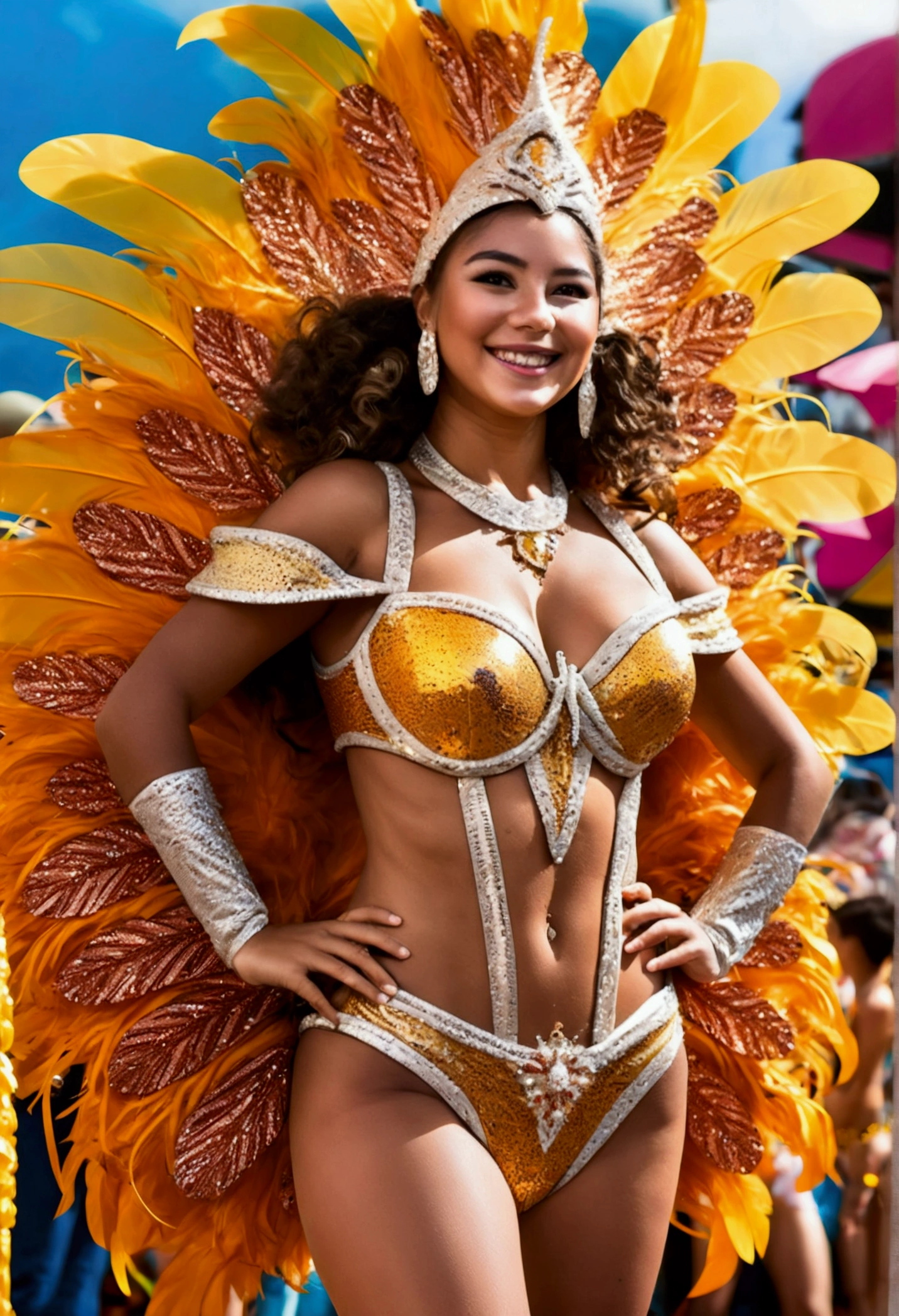 8k、Ultra-high resolution、Highest quality、Tabletop、Ultra-high resolution、(Infants in Japan)、(1 girl)、(3 years old)、(Super huge huge chests、Toned body:1.18)(Samba Carnival Costume with Feathers:1.5)、very cute、Cute Smile、Squat、Spread your legs,High Kick、bikini、Outdoor、a sunny day、A large number of people、Dancing the Samba