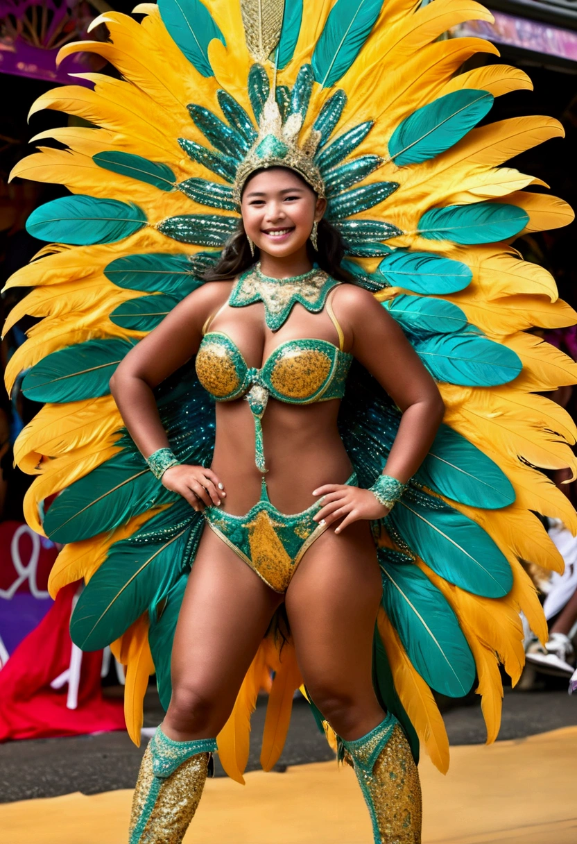 8k、Ultra-high resolution、Highest quality、Tabletop、Ultra-high resolution、(Infants in Japan)、(1 girl)、()、(Super huge huge chests、Toned body:1.18)(Samba Carnival Costume with Feathers:1.5)、very cute、Cute Smile、Squat、Spread your legs,High Kick、bikini、Outdoor、a sunny day、A large number of people、Dancing the Samba