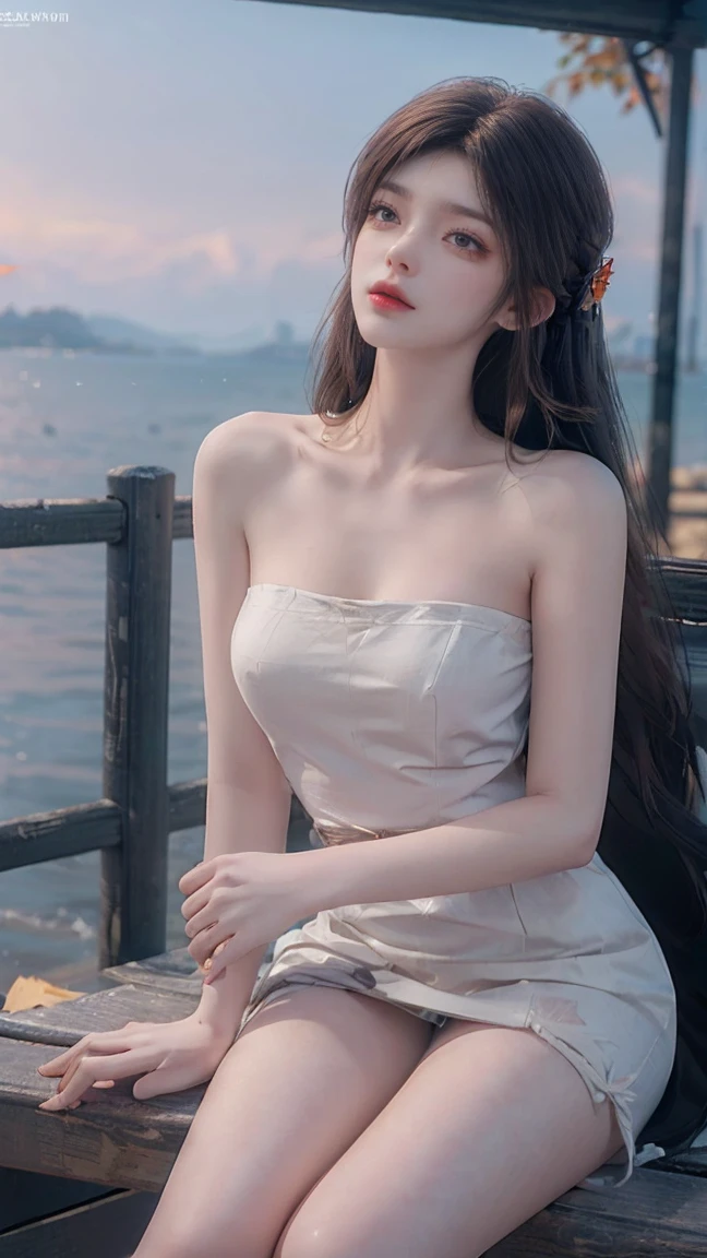 Special clothes46,strapless dress,fashi-girl. red lips, mature female, makeup, ((Random shooting angles)), (best quality, masterpiece:1.2), ultra-detailed, (realistic:1.37), beautiful, youthful, glamorous model with (detailed eyes, detailed lips, extremely detailed eyes), with white and floral colors, showcasing a radiant smile, slender figure, long legs, creating a breathtaking depiction of a girl enjoying the sunshine, Outdoor sports, the beach, on the pier, Warm tones, extremely high color saturation, official art, extremely detailed CG unified 8k wallpaper,(High dynamic range :1.4), (cinematic),(soft colors, dull colors, soothing tones :1.3), (natural skin texture, ultra-realistic, soft light, sharp),(very detailed), Evening, autumn, autumn maple leaves, professional lighting, leaning against the guardrail, looking into the distance
