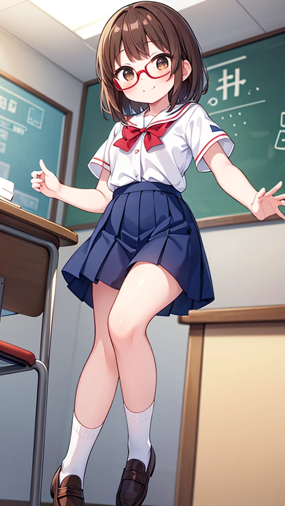 Comical movement、Teasing Smile、Shynesischief、Expectations、surprise、Shyness、School、classroom、pretty girl , Shooting from below, One Girl, Brown Hair、Very short hairstyle, Brown eyes、Red frame glasses、Short sleeve white blouse, Navy Blue Skirt, Navy blue socks, Brown Loafers、in nichijo style、Simple　illustration、Masterpiece
