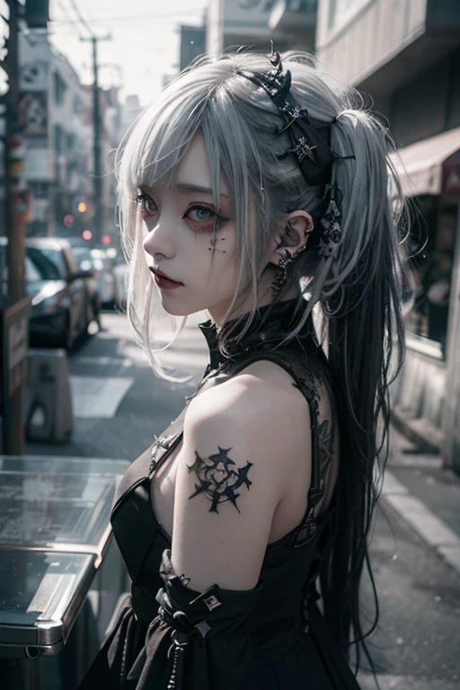 (Photorealistic:1.4, Tabletop:1..3, 8k), （masterpiece, Ultra-high resolution, Highest quality、8k、masterpiece：1.3）、White Gothic Punk、（Walking towards the camera）、Full Body Shot、（Red Eyes）、The inside color is red、White hair、hair ornaments、Beautiful girl、creative、Dark Fantasy Style、White Neo-Goth、White Goth Fashion：1.2、（Look straight into the camera：1,5）、The background is the library、((Highly detailed skin and facial textures:1.3, Ultra detailed face, Detailed arms, Beautiful attention to detail))、Mr.々poses shooting photos