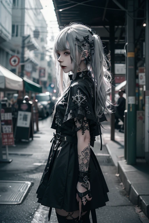 (Photorealistic:1.4, Tabletop:1..3, 8k), (masterpiece, Ultra-high resolution, Highest quality、8k、masterpiece:1.3)、White Gothic Punk、(Walking towards the camera)、Full Body Shot、(Red Eyes)、The inside color is red、White hair、hair ornaments、Beautiful girl、creative、Dark Fantasy Style、White Neo-Goth、White Goth Fashion:1.2、(Look straight into the camera:1,5)、The background is the library、((Highly detailed skin and facial textures:1.3, Ultra detailed face, Detailed arms, Beautiful attention to detail))、Mr.々poses shooting photos
