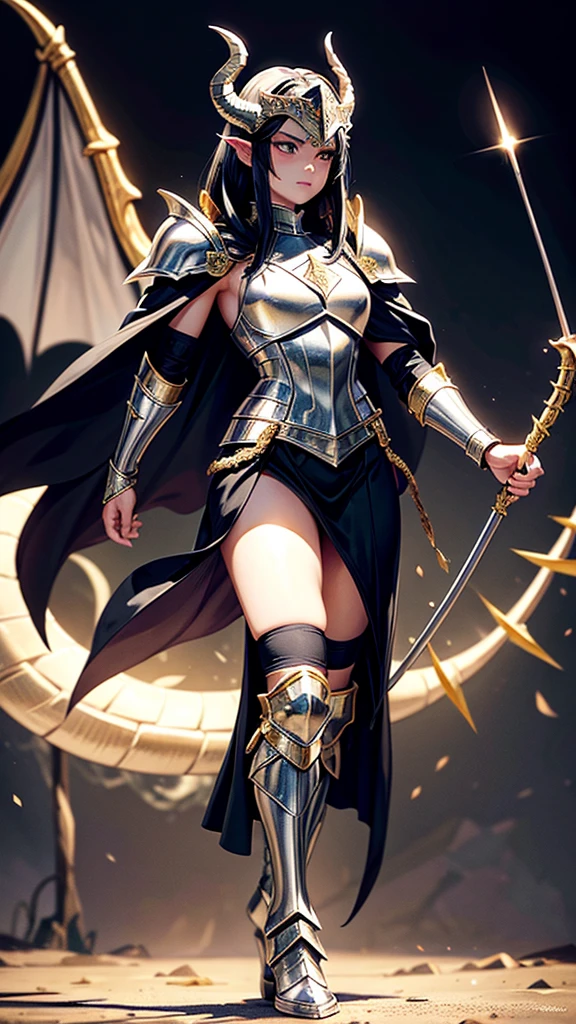 greeneyes, and black hair, the archer, wears black armor made of dragon scales, with gold and silver details. The breastplate has an emblem of a black flame intertwined with a ray of golden light.. The imposing shoulder pads resemble dragon wings, adorned with shining gems. Leather bracers reinforced with scales and glowing runes run down the arms. Black leather gloves with silver metal reinforced fingers and rune markings on the palms. The skirt is made of leather reinforced with scales, with greaves carved in silver and gold on his legs. Sturdy boots reinforced with dragon scale plates and small retractable heel blades. Helmet adorned with dragon horns and gold details, with display decorated with glowing runes. She wears a long black cloth cape lined with dragon scales.. His bow shines with a golden glow and has dragon horn ornaments on the ends., with a magic rope