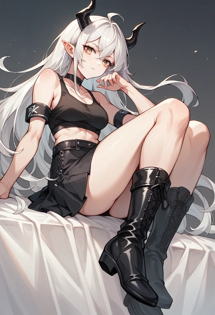 Anime best quality White girl, LONG white hair, black tank top, Black Skirt, black high boots, black armbands , small black horns