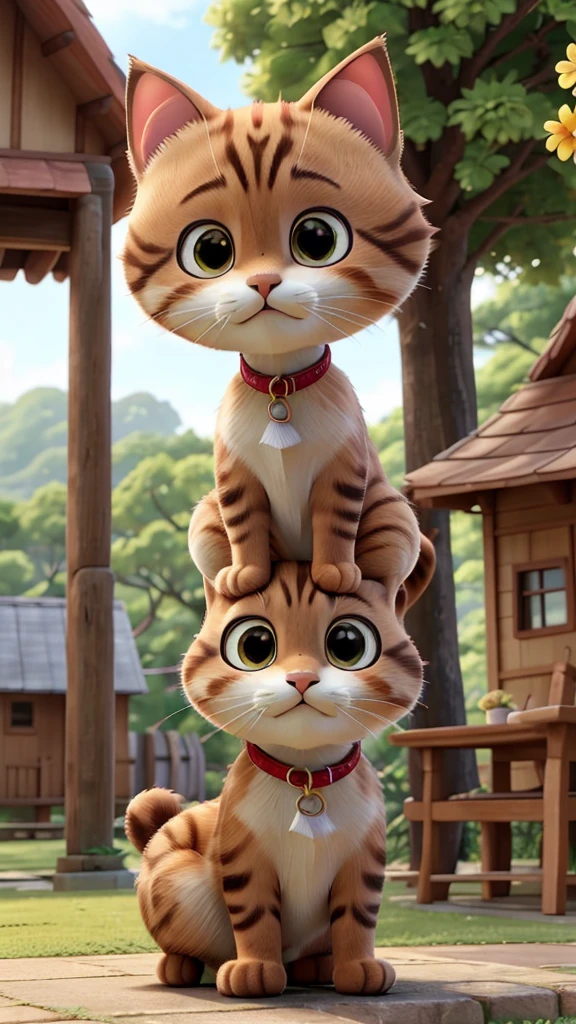 These scenes are depicted in a highly realistic style.、Make sure the cat's facial expressions and movements are exaggerated like a human's。
The main character is a brown cat with cute, chubby eyes. The main character is one who never changes. He sits in front of a small house on the edge of a lush village.、Mimi is a cute brown cat with big chubby eyes。Flowers around々blooms、wood々is swaying in the wind。Mimi has a curious look on her face.、A sense of adventure。