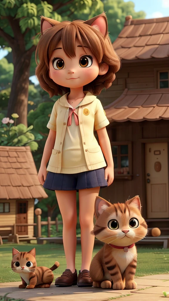 These scenes are depicted in a highly realistic style.、Make sure the cat&#39;s facial expressions and movements are exaggerated like a human&#39;s。

The main character is a brown cat with cute, chubby eyes. The main character is one who never changes. He sits in front of a small house on the edge of a lush village.、Mimi is a cute brown cat with big chubby eyes。Flowers around々blooms、wood々is swaying in the wind。Mimi has a curious look on her face.、A sense of adventure。