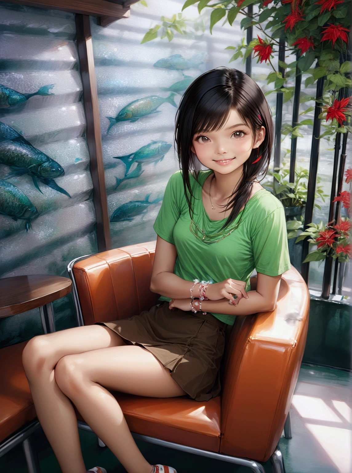 realistic anime illustration of pretty young woman sitting in cafe, her hand touching chair, she wearing brown t-shirt, lime-green mini skirt, (1girl, solo,full body), (masterpiece, best quality, Japanese anime style)