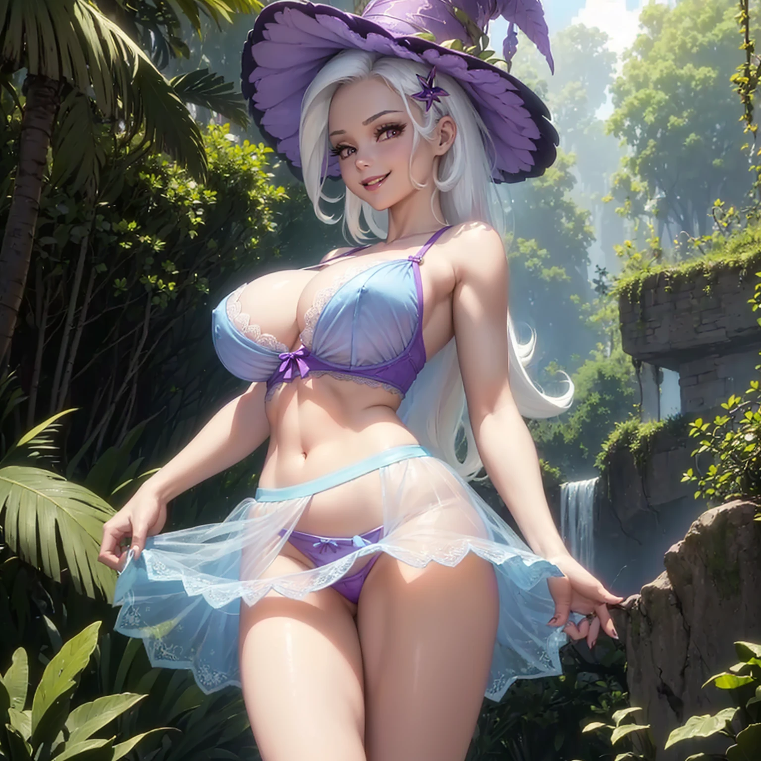 (((beautiful female body))),(((trixie as a sweet charming hot seductive horny model))), (((very long blue white hair))) ,(((stand hands behind head)))), (((outdoor))),(((jungle in background))),(((lewd and erotic posing))), (((happy wicked smile))) ,(((wear light purple sheer lace transparent see through very short bra))) , (((((upskirt view))))) , (((witch hat))),breasts are visible , (((wear high heels))) , (((full body))),golden bracelets , (((perfect breasts))) , lush breasts , Bulky Breasts , voluminous breasts ,(((peeping the viewer))),(((bare belly))),(((side close upskirt view)))