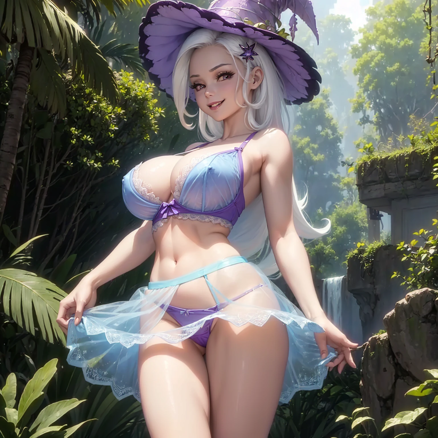 (((beautiful female body))),(((trixie as a sweet charming hot seductive horny model))), (((very long blue white hair))) ,(((stand hands behind head)))), (((outdoor))),(((jungle in background))),(((lewd and erotic posing))), (((happy wicked smile))) ,(((wear light purple sheer lace transparent see through very short bra))) , (((((upskirt view))))) , (((witch hat))),breasts are visible , (((wear high heels))) , (((full body))),golden bracelets , (((perfect breasts))) , lush breasts , Bulky Breasts , voluminous breasts ,(((peeping the viewer))),(((bare belly))),(((side close upskirt view)))