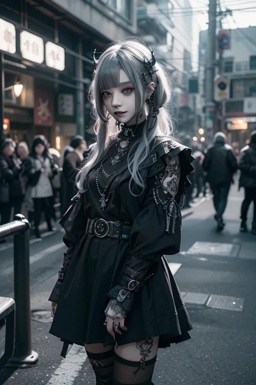 (Photorealistic:1.4, Tabletop:1..3, 8k), （masterpiece, Ultra-high resolution, Highest quality、8k、masterpiece：1.3）、White Gothic Punk、（Walking towards the camera）、Full Body Shot、（Red Eyes）、The inside color is red、White hair、hair ornaments、Beautiful girl、creative、Dark Fantasy Style、White Neo-Goth、White Goth Fashion：1.2、（Look straight into the camera：1,5）、The background is the library、((Highly detailed skin and facial textures:1.5, Ultra detailed face, Detailed arms, Beautiful attention to detail))、Mr.々poses shooting photos