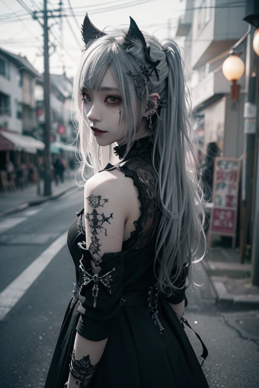 (Photorealistic:1.4, Tabletop:1..3, 8k), （masterpiece, Ultra-high resolution, Highest quality、8k、masterpiece：1.3）、White Gothic Punk、（Walking towards the camera）、Full Body Shot、（Red Eyes）、The inside color is red、White hair、hair ornaments、Beautiful girl、creative、Dark Fantasy Style、White Neo-Goth、White Goth Fashion：1.2、（Look straight into the camera：1,5）、The background is the library、((Highly detailed skin and facial textures:1.5, Ultra detailed face, Detailed arms, Beautiful attention to detail))、Mr.々poses shooting photos