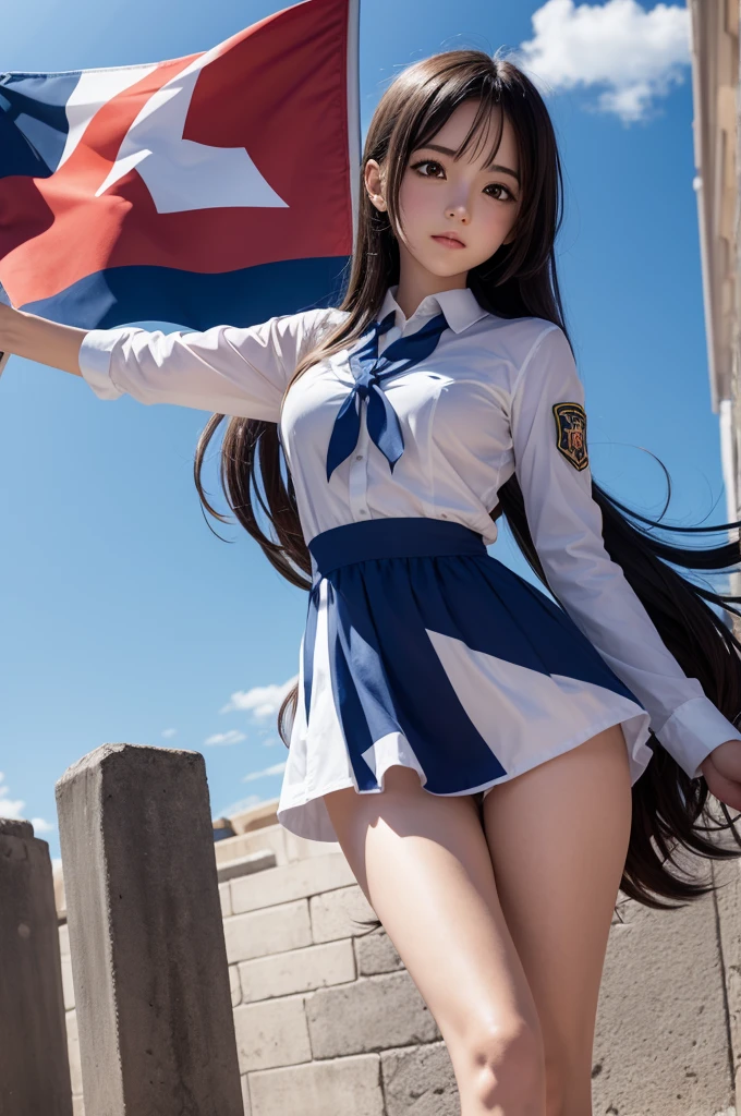 Anime girl holding a flag with the name "advento do vácuo"
