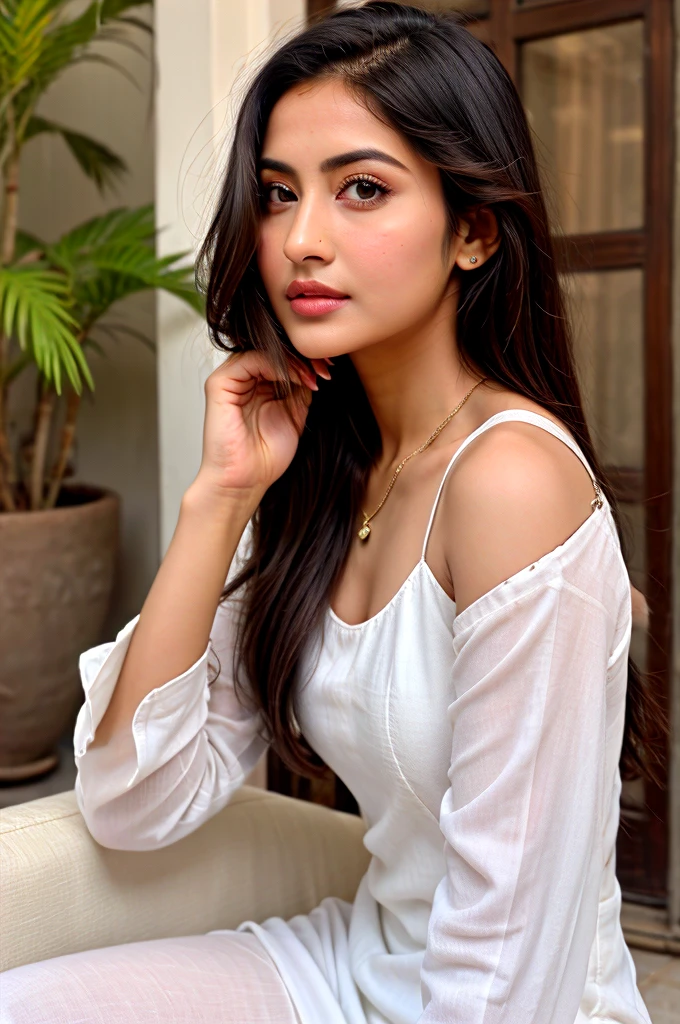 Hina khan clone realistic girl wearing short white kurti long hair