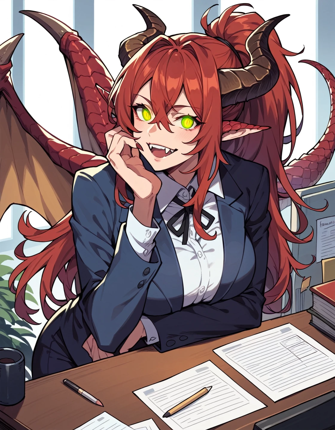 score_9, score_8_up, score_7_up, score_6_up, source_anime, masterpiece, detailed, refined, 1girl, mature female, fantasy, ,detailed background, (office), office attire, suit, red hair, long hair, red reptile glowing eyes, green eyes, dragon ears, dragon tail, dragon horns, dragon wings, fangs, smile, scales on face, takekawamasumi style