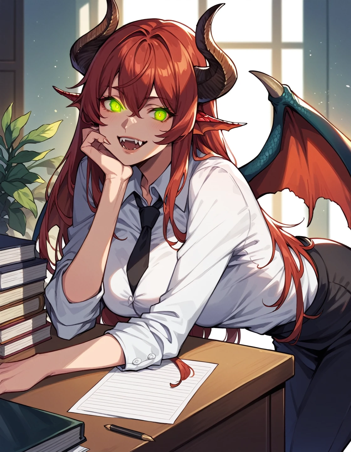 score_9, score_8_up, score_7_up, score_6_up, source_anime, masterpiece, detailed, refined, 1girl, mature female, fantasy, ,detailed background, (office), office attire, suit, red hair, long hair, red reptile glowing eyes, green eyes, dragon ears, dragon tail, dragon horns, dragon wings, fangs, smile, scales on face, takekawamasumi style