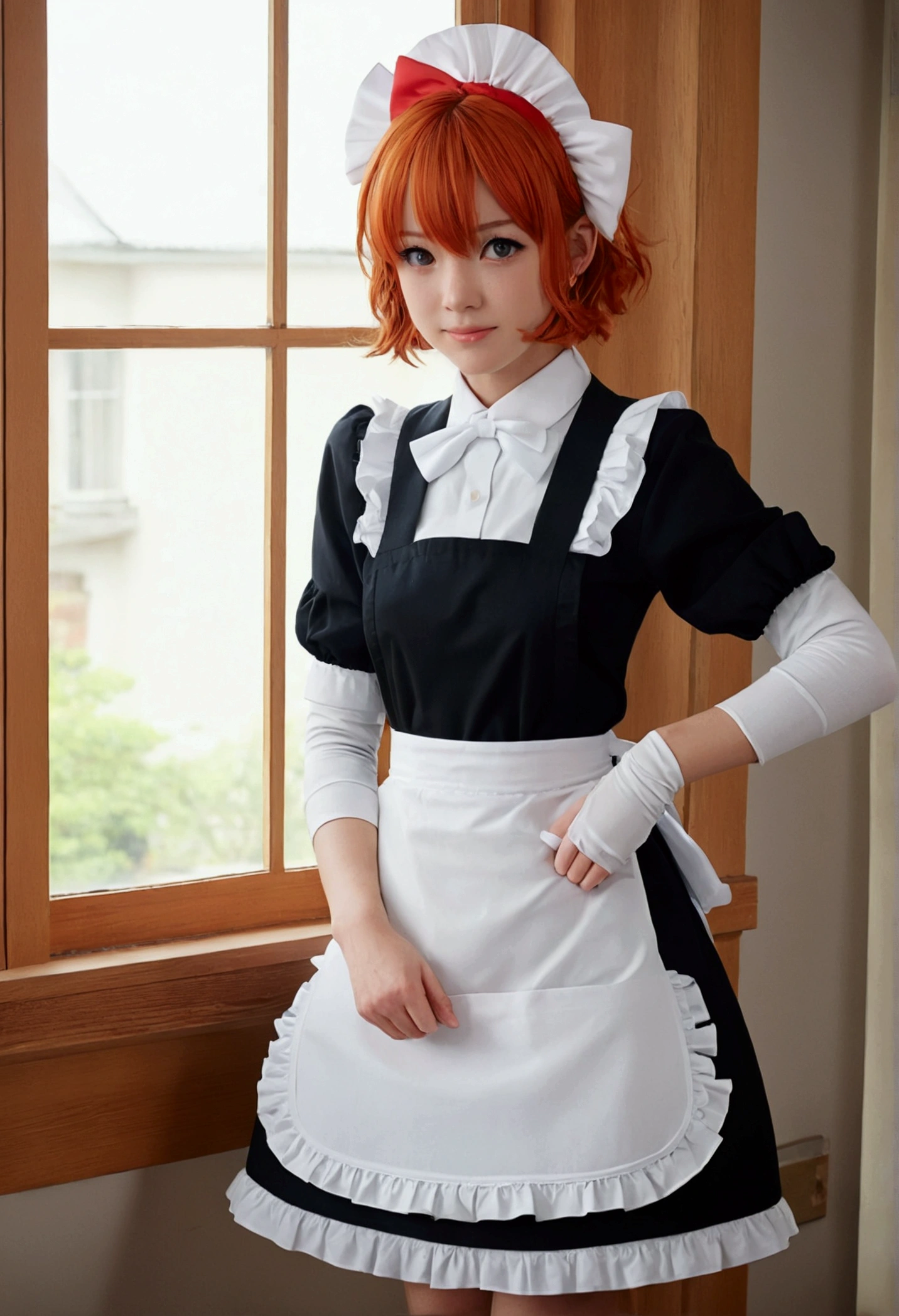 masterpiece,best quality,Japanese cartoons,(2D:1.2),indoors, , 1 Girl, roswaal mansion maid uniform, Solitary, maid, Blue eyes, short hair,bow hairband, Hair between the eyes, Separate sleeves, Looking at the audience, Red hair band,Ribbon, Bangs, look back, bow, Orange Hair,red Ribbon, Black sleeves, window, Long sleeve, apron, white bow, Ruffles,Ribbon trim,A faint smile, own hands,Clothing splitting