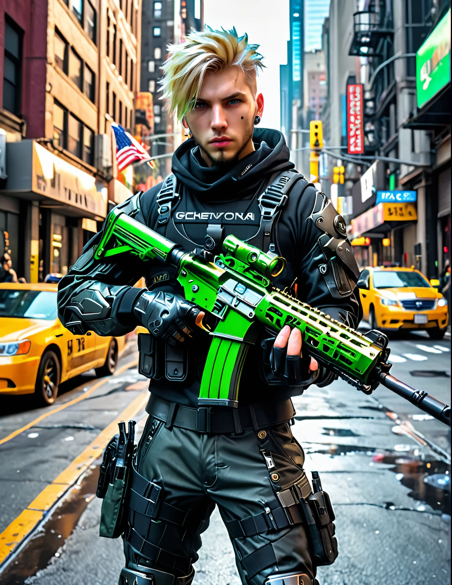 blond-haired man in military uniform holding an m4 carbine on a new york city street, cyberpunk street goon, hyper-realistic cyberpunk style, jetstream sam from metal gear, techwear look and clothes, cyberpunk streetwear, cyberpunk soldier, young blonde boy fantasy thief, soldier outfit, wearing techwear and armor, wearing japanese techwear, soldier 7 6 from overwatch, wearing cyberpunk streetwear, green eyes