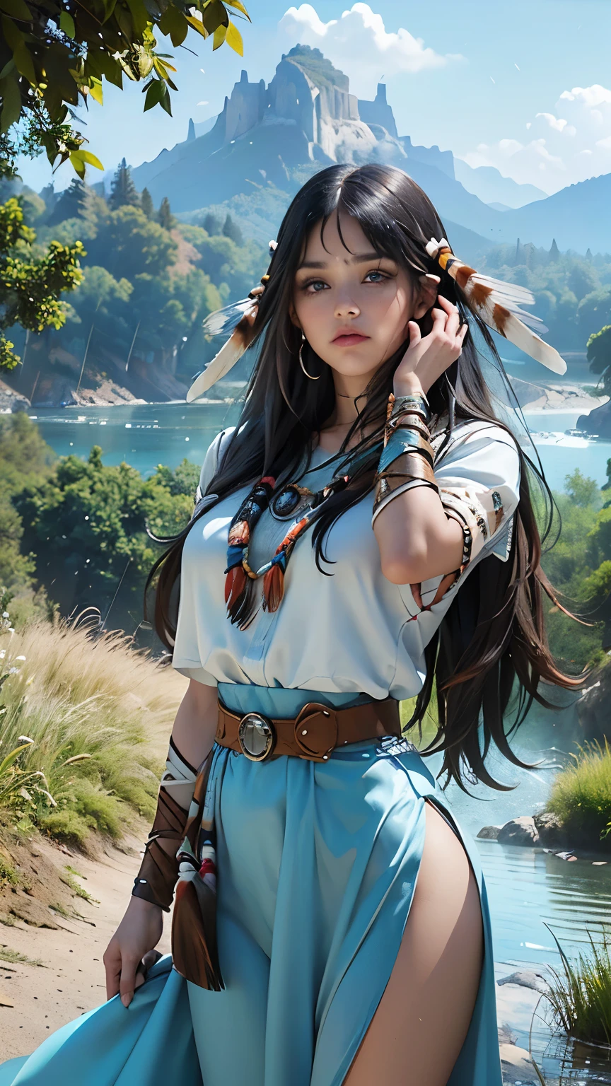 score_9, score_8_~ over, score_7_~ over, score_6_~ over, classification_clear, 1 girl, ((18 years:1.2)),(best quality,high resolution,Ultra - Detailed,In fact),Native American Ariana Grande,(wild indian native american:1.4), adult, full lips, big bright eyes, light blue eyes, ((rubio:1)), (cabello ondulado long trenzado nativo indio: 1.2), (female native american:1.4) ,(native indian feathers :1.4), (facial details: 1.5, bright blue eyes, beautiful face, pretty eyes, iris coating, labios delgados: 1.5, delgado, pale and sharp eyebrows, long, dark eyelashes, double tap),(Perfect hand detail : 1.4 ) , (forest background big leaves :1.4), (native american v2.1), (native american:1.4), (fondo desierto casa native american:1.4), (dynamic cowboy pose),(( beautiful american indian warrior:1.4), (beautiful american indian warrior: v2.1)) , (bright colors), (big stone background:1.4 ), (meadow background :1.4), (cloudy rain falling:1.4), (big meadow autumn :1.4), (vestidor native american:1.4), (Showing panties:1.4), (Realista v2.1), (complete anatomy), (big bust),( bottom river crystal water:1.4),( dynamic cowboy pose), (cinematic effect v2.1)