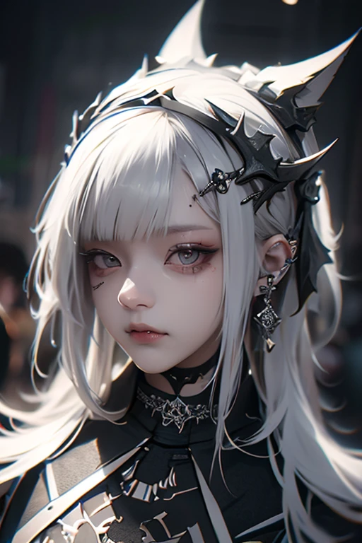 (Photorealistic:1.4, Tabletop:1..3, 8k), （masterpiece, Ultra-high resolution, Highest quality、8k、masterpiece：1.3）、White Gothic Punk、（Walking towards the camera）、Full Body Shot、（Red Eyes）、The inside color is red、White hair、hair ornaments、Beautiful girl、creative、Dark Fantasy Style、White Neo-Goth、White Goth Fashion：1.2、（Look straight into the camera：1,5）、The background is the library、((Highly detailed skin and facial textures:1.5, Ultra detailed face, Detailed arms, Beautiful attention to detail))、Mr.々poses shooting photos