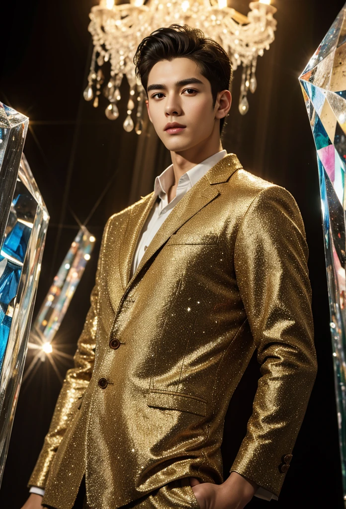 (realistic, Masterpiece, best quality, height, Highly detailed), a young and handsome man posing bare surrounded by crystal, Crystal&#39;s identity as a human being, 18 year old male, bare, genitals, bright colors, realistic light, sparkling reflection, Bright and radiant skin, The body is strong and slender., intense stare, striking features, well defined jaw, messy hair, Confident and relaxed posture, artistic elements, Elegant and elegant gestures, A charming and charming expression, The man&#39;s body was covered in delicate and complex crystals., Create a mesmerizing and ethereal effect., Impeccable attention to detail, Flawless surface display, The perfect mix of realism and fantasy., Incredible depth and dimension, The attention-grabbing contrast between the smoothness of the man&#39;s skin and the texture of the crystal., A seamless blend of the human form and the crystal surrounding it., creates a feeling of elegance, beauty, and mystery, A powerful symbol of purity and strength embodied by crystal elements., Expert use of shadows and highlights to enhance the three-dimensional quality of the image., Expert use of color to create a dreamlike atmosphere., Delicate and exquisite light and shadow, Create amazing and emotional scenes., Exquisite workmanship and skilled operation, capturing the essence of both the human form and the ethereal beauty of crystals, Create an impressive and memorable viewing experience..