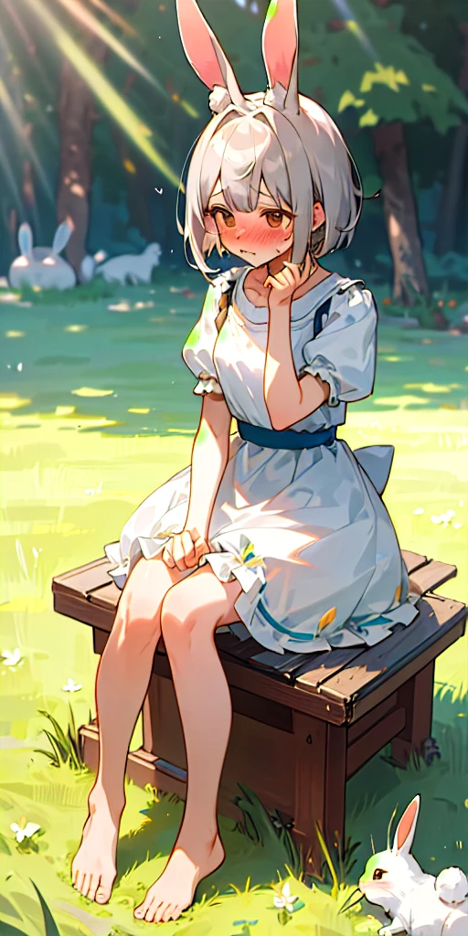 ((masterpiece, best quality)),1girl, solo, animal ears, rabbit, barefoot, skirt, sitting, rabbit ears, short sleeves, (teasing, shy, blushing: 1.3), looking at the audience, grass, short hair, gray hair, puff sleeves, outdoors, fluffy short sleeves, bangs, on the ground, full body, animal, white dress, sunlight, brown eyes, mottled sunlight, daytime,