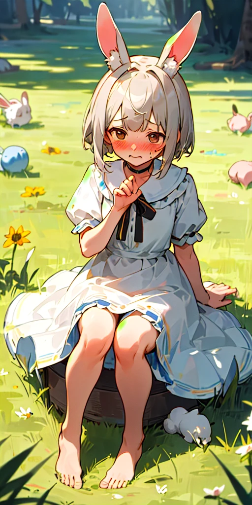 ((masterpiece, best quality)),1girl, solo, animal ears, rabbit, barefoot, skirt, sitting, rabbit ears, short sleeves, (teasing, shy, blushing: 1.3), looking at the audience, grass, short hair, gray hair, puff sleeves, outdoors, fluffy short sleeves, bangs, on the ground, full body, animal, white dress, sunlight, brown eyes, mottled sunlight, daytime,