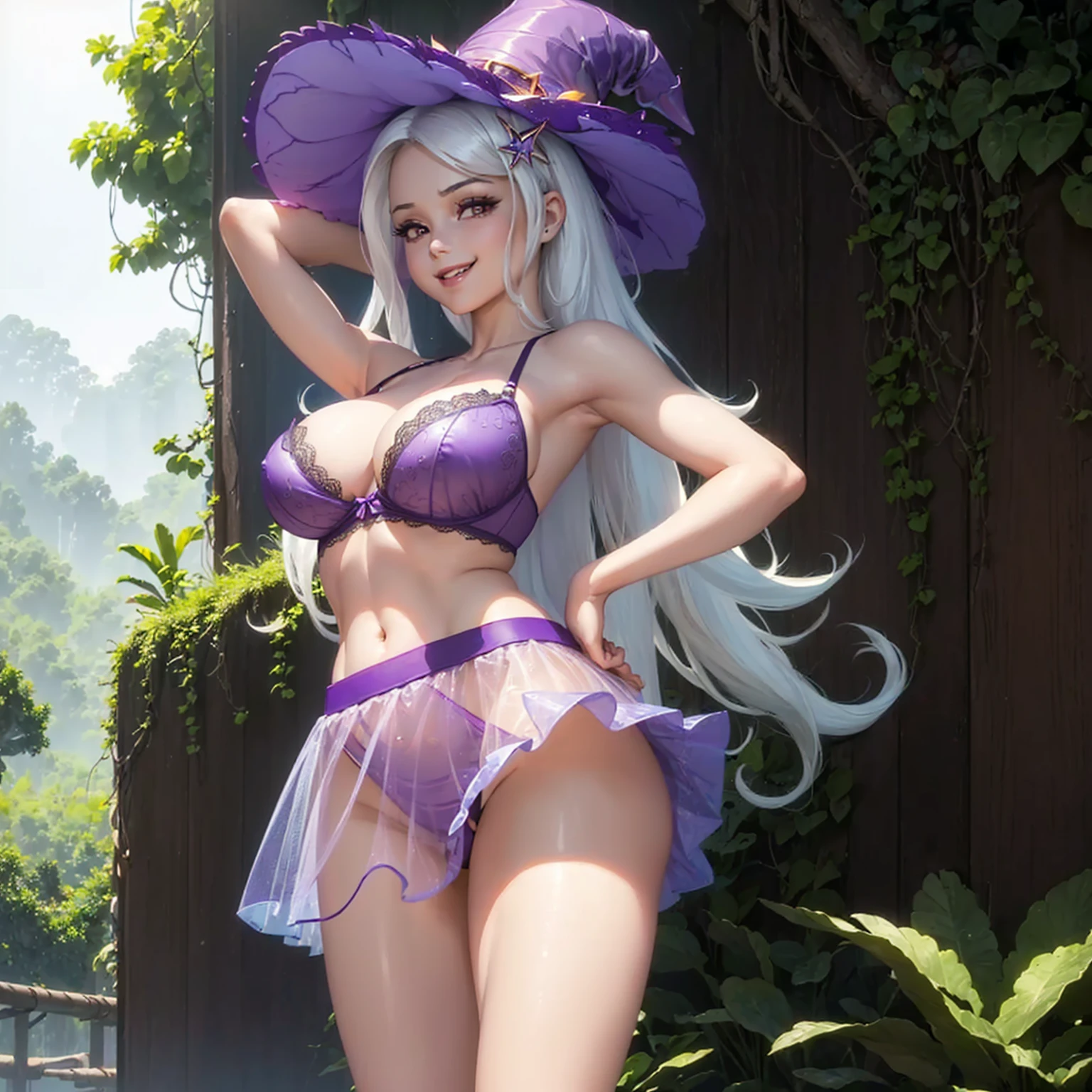 (((beautiful female body))),(((trixie as a sweet charming hot seductive horny model :1.0))), (((very long blue white hair))) ,(((night with big moon))),(((stand next to valley hands behind head)))), (((surround by dozens of slime tentacles :0.7))),(((jungle in background))),(((lewd and erotic posing))), (((happy wicked smile))) ,(((wear light purple sheer lace transparent see through very short bra))) , (((((upskirt view))))) , (((witch hat))),breasts are visible , (((wear high heels))) , (((full body))),golden bracelets , (((perfect breasts))) , lush breasts , Bulky Breasts , voluminous breasts ,(((peeping the viewer))),(((bare belly))),(((side close upskirt view))),(((sharp focus)))