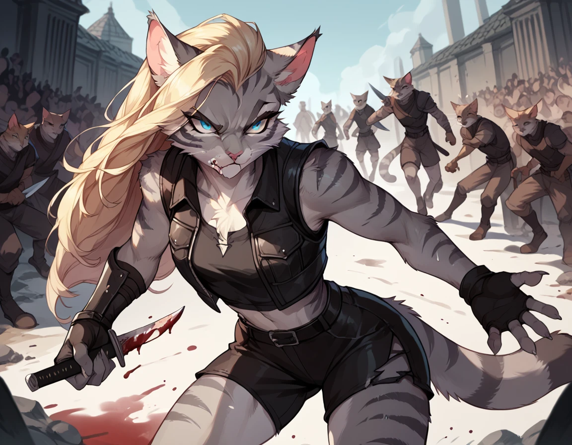 score_9,score_8_up,score_7_up, score_6_up, score_5_up, source_anime, flat colors, no shading, Kat, Anthro furry feline, silver fur, grey stripes on body, blue eyes, long blonde hair, undercut hair, one side of hair shaved, pink nose, :3, wearing black leather armor vest, black cuirass, black short shorts, holding two knife daggers, face covered in blood, furrowed eyebrows, angry, fighting, she is fighting several other soldiers, outdoors, nighttime, several dead bodies on the ground