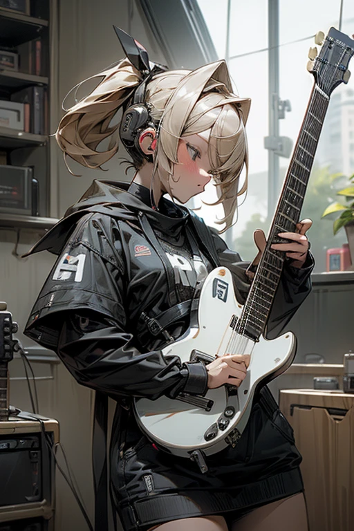 MECA,droid,robot,guitar,1girl,masterpiece,beat quality,superdetailed(Break ライブハウス,beautiful background,),pop,(Break she is playing a guitar.)8k,(Break perfect guitar,detailed guitar),