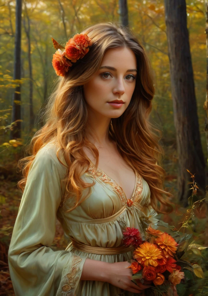 (oil painting:1.5), oil painting of a 30 yo woman in a forest, dressed in flowers, a fine art painting inspired by Hopper, detailed, by erin hansen, renaissance modern, in the autumn, late autumn, a 30yo goddess of autumn, romanticism oil painting, beautiful autumn spirit, (NSFW: 0.269), fine art, tasteful
