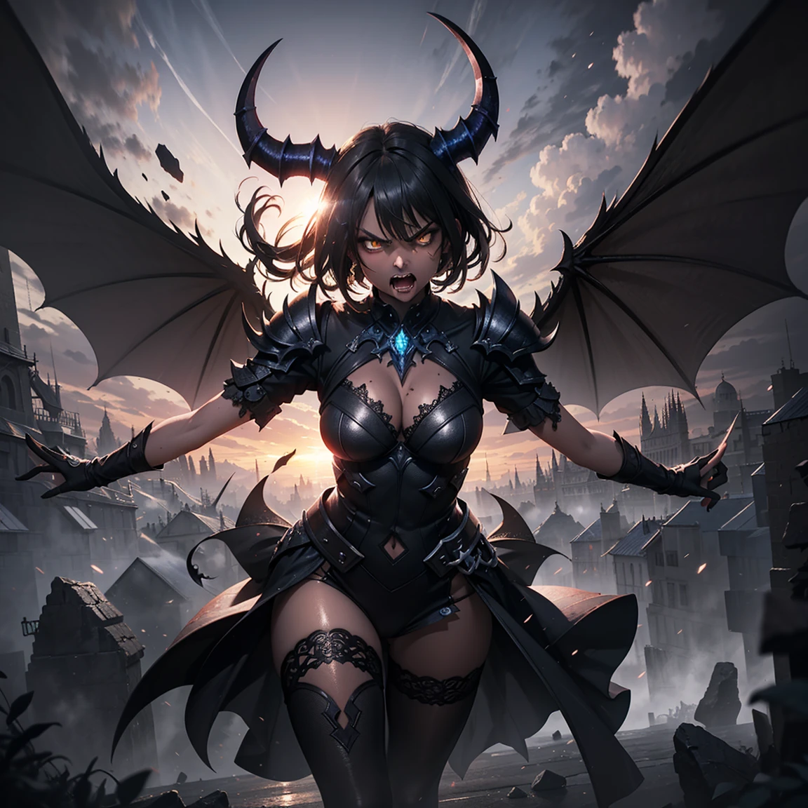 (High Detail:1.2) Anime Girl, (Best quality, Detailed), (dark and angry, gravelly:1.3, dark:1.2), 1girl, (solo), ILLIDAN, World of Warcraft, (Demonic wings, pointed horns:1.3, dark black skin), two blades of Azzinoth, short bob hair, black hair, yellow eyes, tanned skin, sinister, intense look, background dark, Volumetric light, hyper realistic, super detailed, Dynamic pose