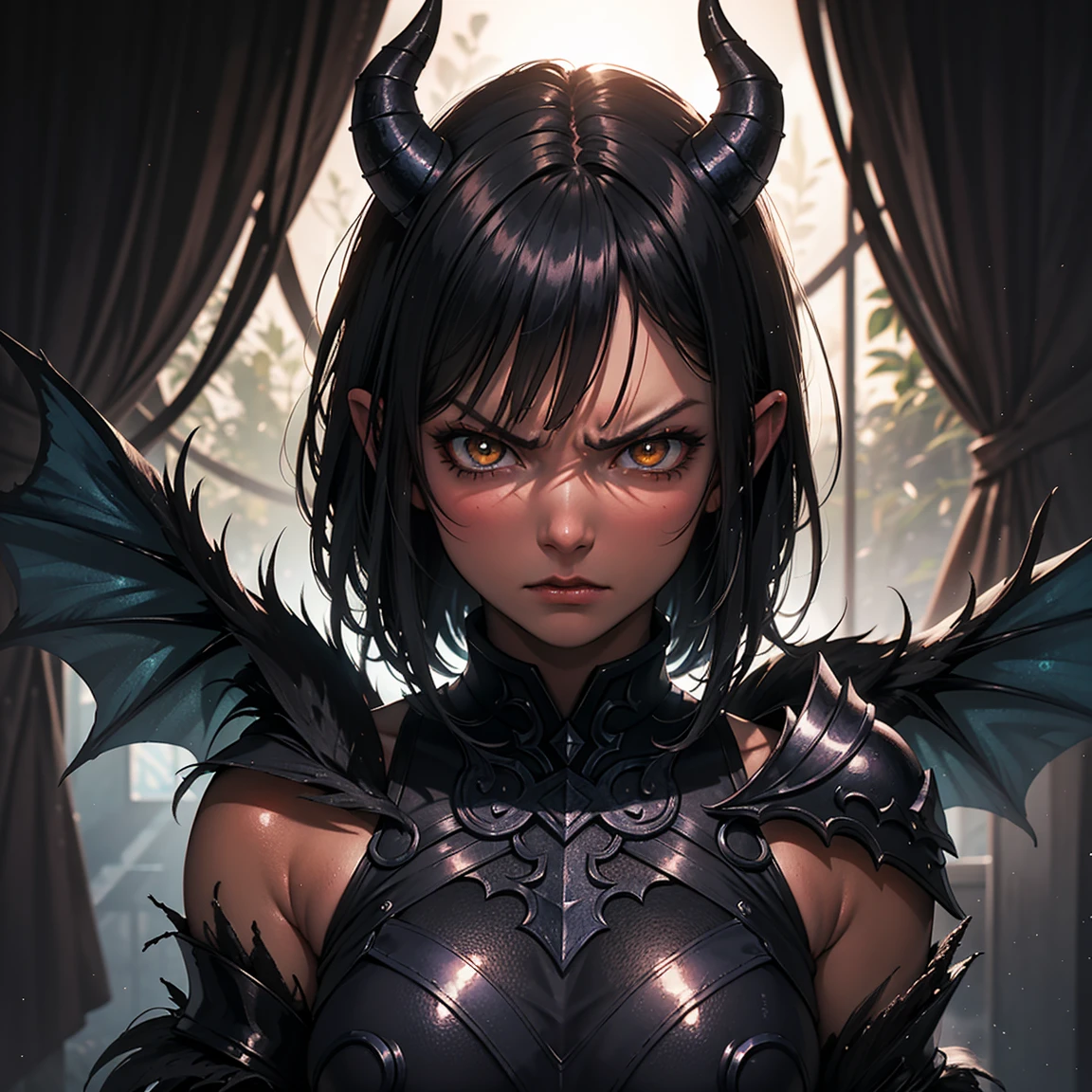 (High Detail:1.2) Anime Girl, (Best quality, Detailed), (dark and angry, gravelly:1.3, dark:1.2), 1girl, (solo), ILLIDAN, World of Warcraft, (Demonic wings, pointed horns:1.3, dark black skin), two blades of Azzinoth, short bob hair, black hair, yellow eyes, tanned skin, sinister, intense look, background dark, Volumetric light, hyper realistic, super detailed, Dynamic pose