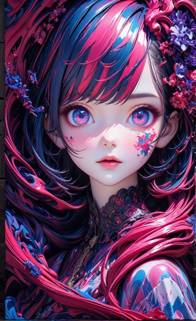 A captivating, close-up illustration of a woman's face in an intriguing angled front profile, rendered in a mesmerizing risograph style. The use of stencils and glitch effects creates a surreal and enchanting atmosphere. The limited color palette, featuring bold shades of pink, blue, and yellow, captivates the viewer and invites them into the composition. The background combines x-ray and abstract patterns, amplifying the otherworldly feeling. This exceptional artwork, whether illustrated, or transformed into a captivating poster or painting, embodies the essence of cinematic art. The artist's watermark, "ai link," is discreetly placed at the bottom., photo, illustration, cinematic, painting, 3d render, poster