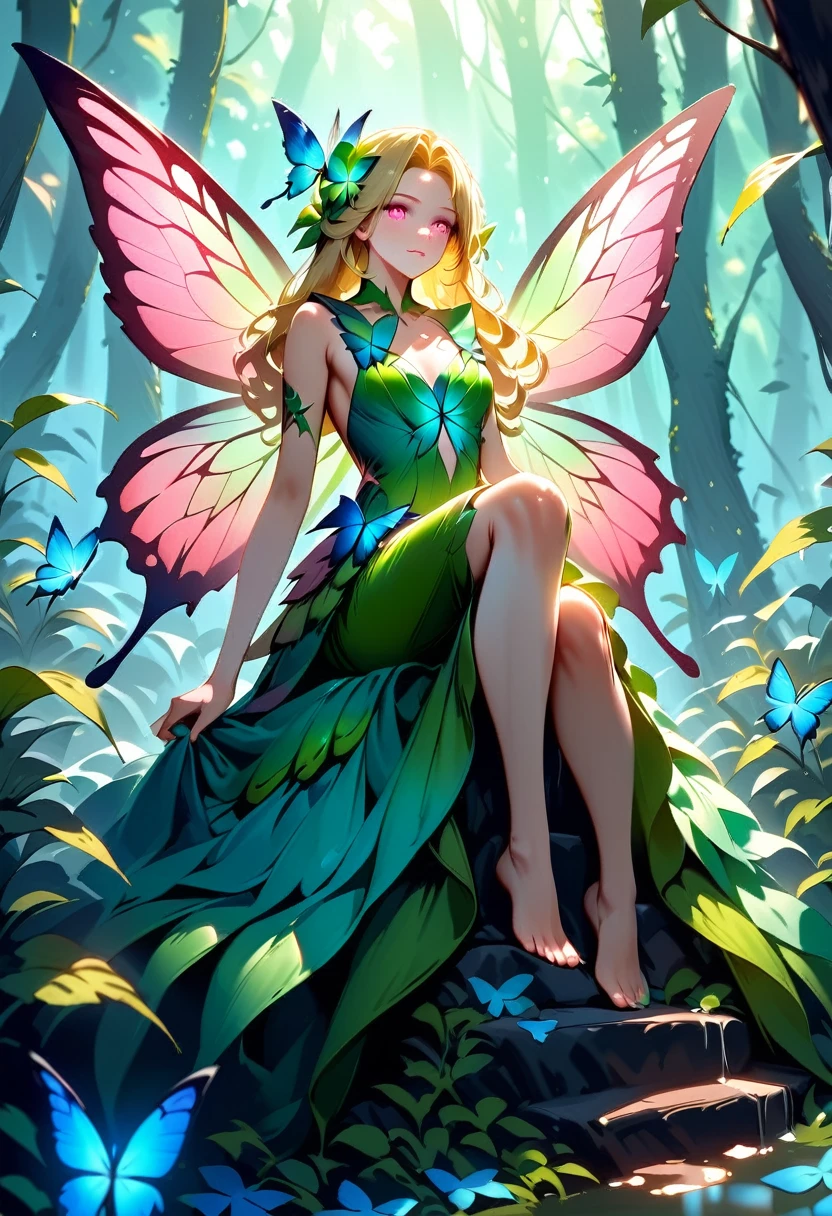 a picture of a jungle fairy, an extraordinary beautiful, elegant beauty, divine beautiful fairy, ((anatomically correct: 1.5)) spread (blue and green butterfly wings: 1.3), colorful wings, pink eyes, glowing eyes, ultra detailed face, best detailed face, blond hair, rich hair, wavy hair, glamour dress, wild dress, dress decorated with jungle flowers, sitting on massive heliconia tree the rain forest, sun rays coming through the trees, Hyperrealism style, vibrant, Ultra-high resolution, High Contrast, (masterpiece:1.5), highest quality, Best aesthetics), best details, best quality, highres, ultra wide angle, 16k, [ultra detailed], masterpiece, best quality, (extremely detailed) RAW, Cinematic Hollywood Film style, FairyTaleAI, fairy wings, flower, 