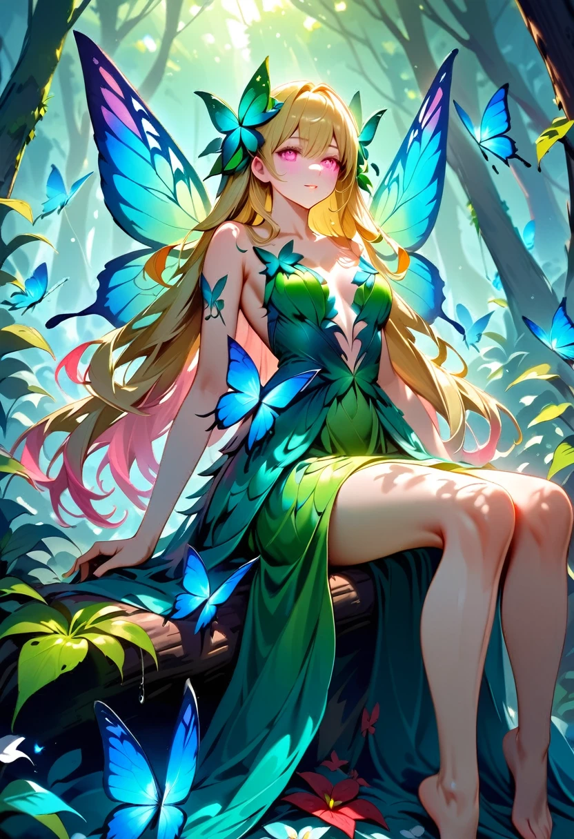 a picture of a jungle fairy, an extraordinary beautiful, elegant beauty, divine beautiful fairy, ((anatomically correct: 1.5)) spread (blue and green butterfly wings: 1.3), colorful wings, pink eyes, glowing eyes, ultra detailed face, best detailed face, blond hair, rich hair, wavy hair, glamour dress, wild dress, dress decorated with jungle flowers, sitting on massive heliconia tree the rain forest, sun rays coming through the trees, Hyperrealism style, vibrant, Ultra-high resolution, High Contrast, (masterpiece:1.5), highest quality, Best aesthetics), best details, best quality, highres, ultra wide angle, 16k, [ultra detailed], masterpiece, best quality, (extremely detailed) RAW, Cinematic Hollywood Film style, FairyTaleAI, fairy wings, flower, 