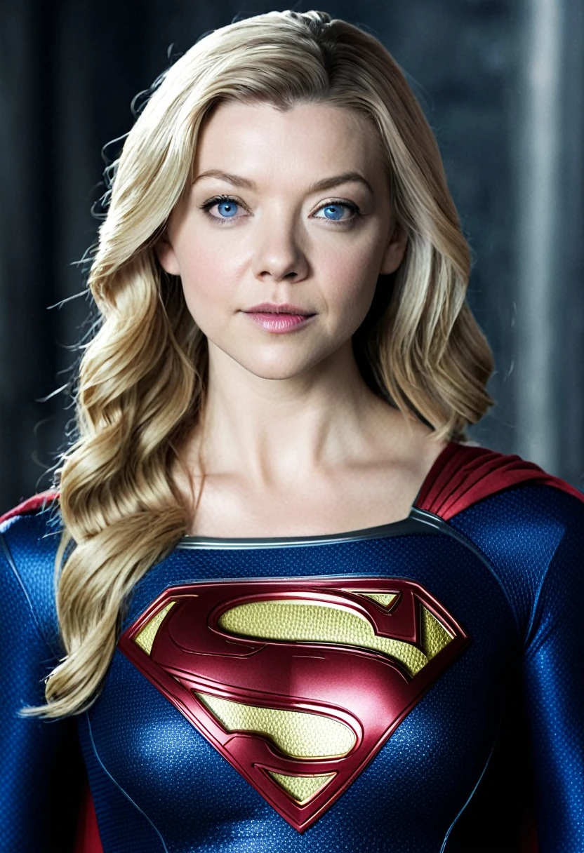 (((Very close-up of a beautiful woman Natalie Dormer under the mantle of the Kryptonian Kara Zor-The alias Supergirl blonde hair(((Traje Man Of Steel Movie)))front images splash color images)))(((Traje Man Of Steel Movie )))